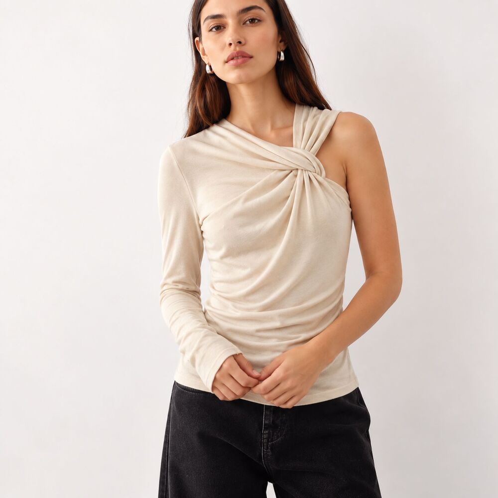 Zara NWT Size S Beige One Shoulder Twist Knot Long Sleeve Knit Top